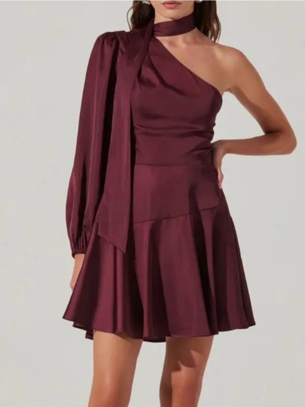 ASTR the Label Satin Mini Dress One Shoulder‎ Neck Tie Billowed Sleeve Medium